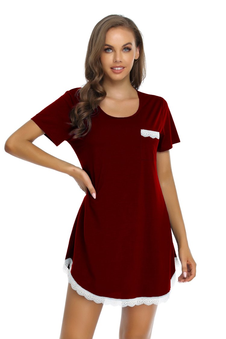 Women Short Sleeve Lace Nightdress Round Neck Sleepwear