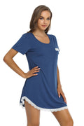 Women Short Sleeve Lace Nightdress Round Neck Sleepwear