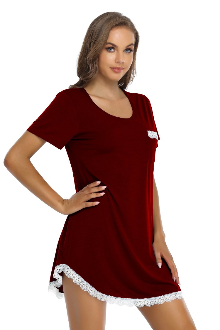 Women Short Sleeve Lace Nightdress Round Neck Sleepwear