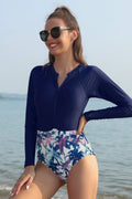 Long Sleeve Zipper Rash Guard One Piece Swimsuit UV Protection Printed Swimwear