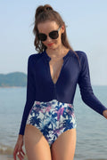 Long Sleeve Zipper Rash Guard One Piece Swimsuit UV Protection Printed Swimwear