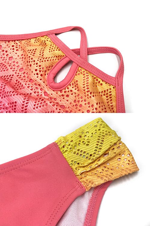 SHEKINI Girls Bathing Suit Flounce Print Crochet Bikini Set