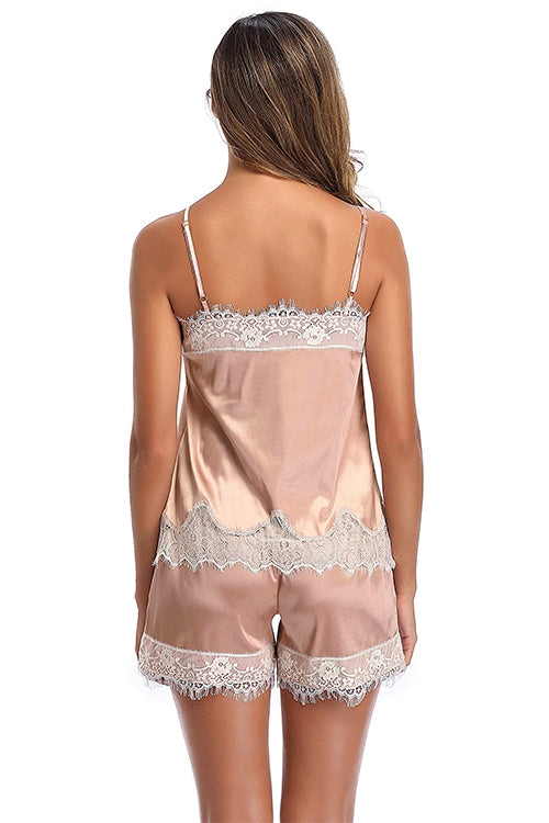 SHEKINI Lace Silky Satin Short Pajama Set