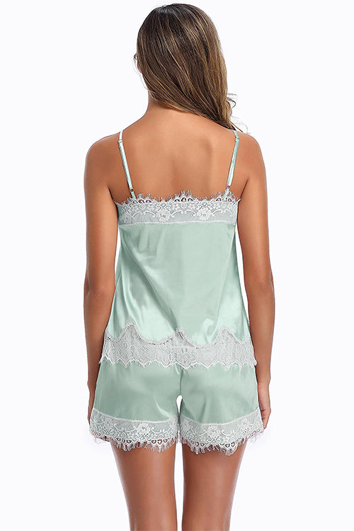 SHEKINI Lace Silky Satin Short Pajama Set