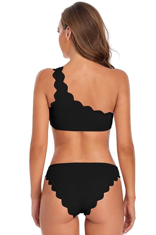 Scalloped Trim One Shoulder Bikini Bandeau Swimsuits Suit