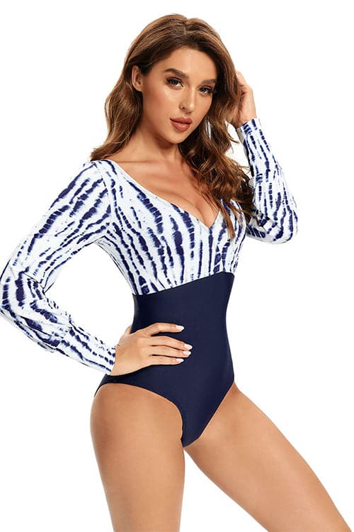 SHEKINI Long Sleeve Rash Guard One Piece Swimsuit UV Protection Printed Swimwear