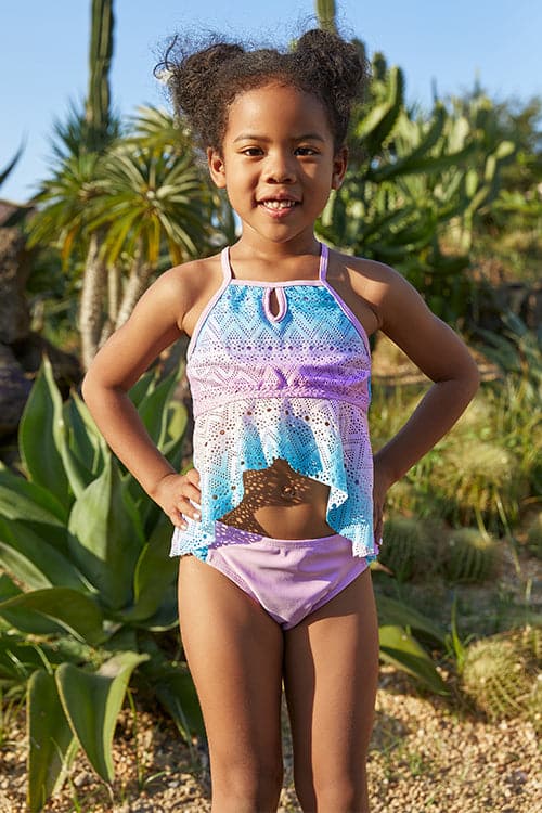 SHEKINI Girls Bathing Suit Flounce Print Crochet Bikini Set