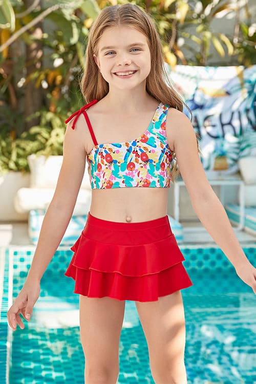 Three Piece Ruffles Tie Grils Bathing Suits With Beach Skirt