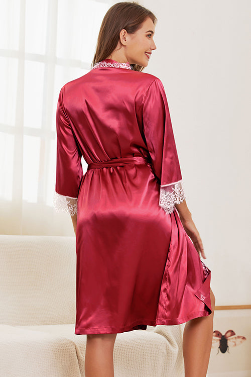 SHEKINI Satin Silk Lace Robes Pajamas Set