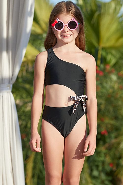 SHEKINI One Shoulder One-Piece Cutout Bow Kids Girl Swimsuits