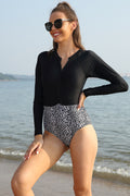 SHEKINI Long Sleeve Zipper Rash Guard One Piece Swimsuit UV Protection Printed Swimwear