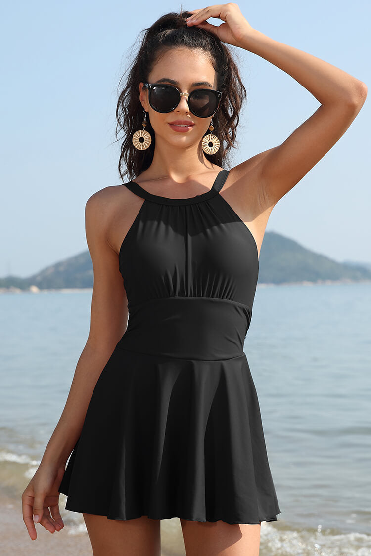 High Neck Ruched Swim Dresses For Women Shekini High Neck Ruched Swim Dresses For Women Shekini