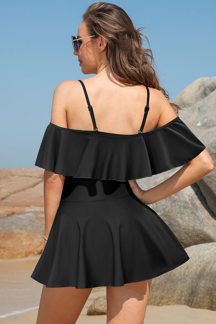 Off-Shoulder Flounce Ruched Swimdress – Shekini Off-Shoulder Flounce Ruched Swimdress – Shekini
