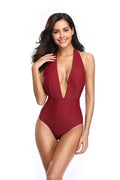 SHEKINI Deep V-Neck Halter Swimwear Backless One Piece Swimsuit