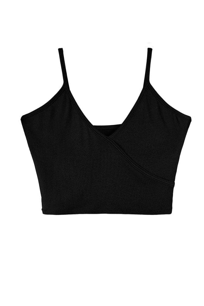 SHEKINI Casual V Neck Ribbed Crop Top Overlap Front Cami Top背心