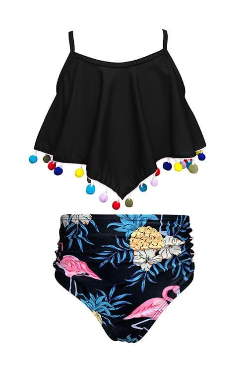 SHEKINI Girls Ruffle Flounce Pom Poms Bikini High Waist Bottom Two Piece Swimsuits