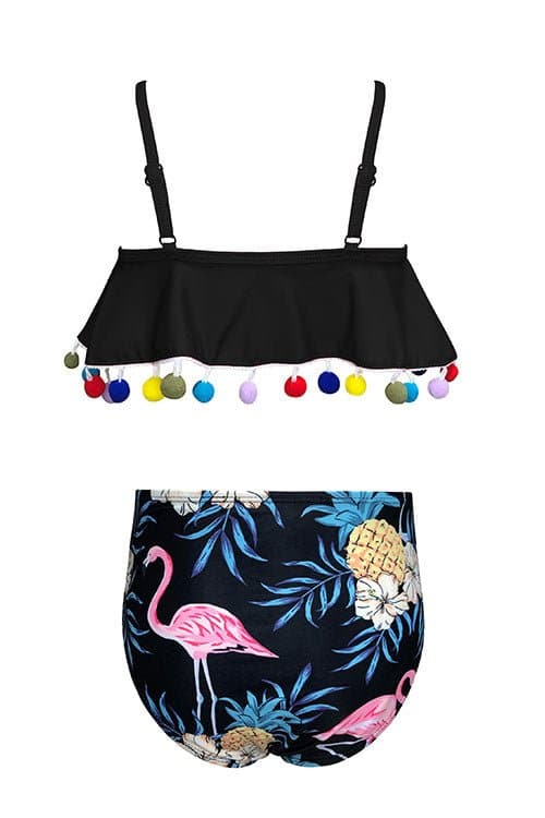 SHEKINI Girls Ruffle Flounce Pom Poms Bikini High Waist Bottom Two Piece Swimsuits