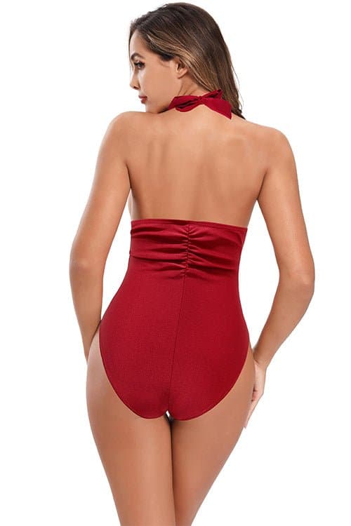SHEKINI Halter Ruched V Neck Metal Ring Womens One Piece Swimsuits