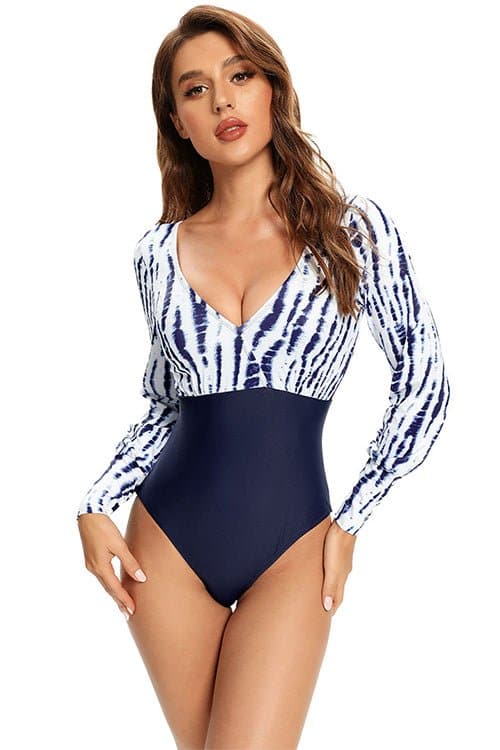 SHEKINI Long Sleeve Rash Guard One Piece Swimsuit UV Protection Printed Swimwear