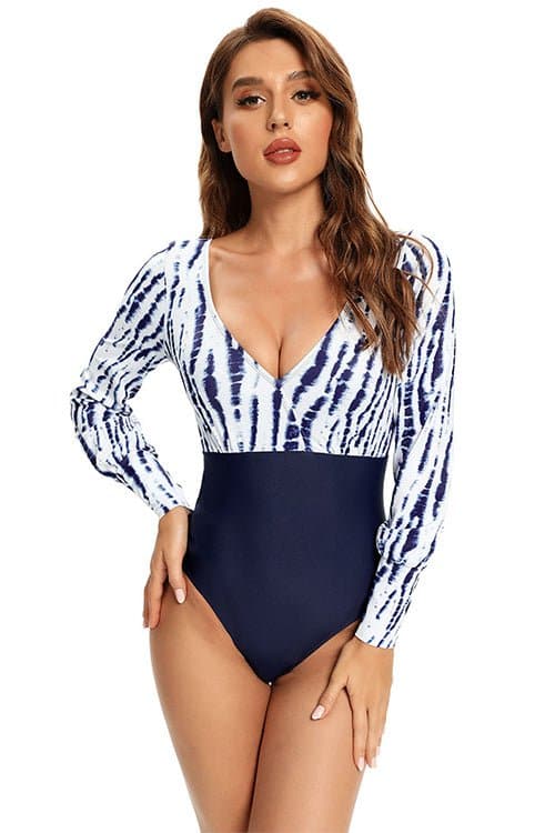 SHEKINI Long Sleeve Rash Guard One Piece Swimsuit UV Protection Printed Swimwear