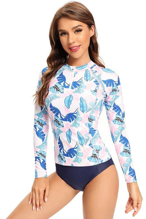 SHEKINI Long Sleeve Two Piece Zipper Rash Guard Swimsuit Print Swim Shirt