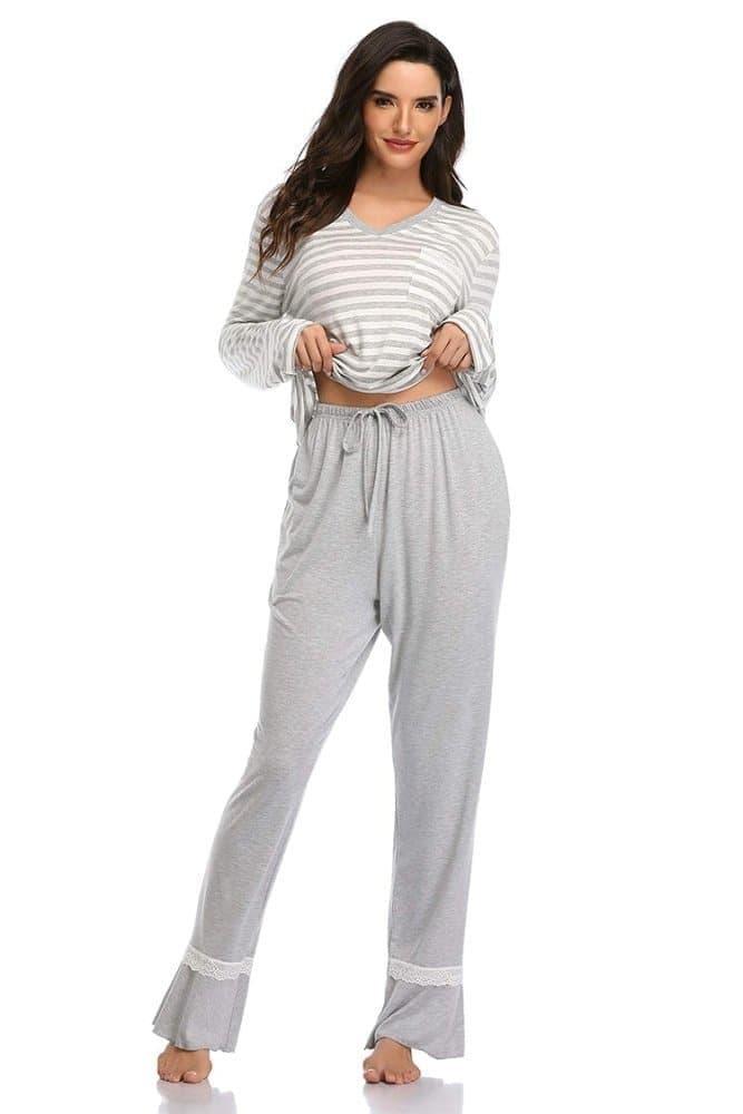 SHEKINI Pajamas Set Long Sleeve V Neck Striped LoungewearPajamas