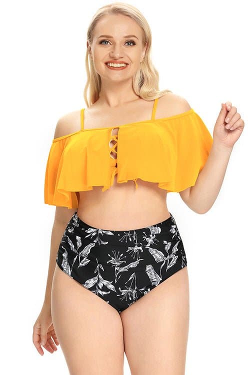 Plus Size Two Piece Swimsuits Off Shoulder Flounce Ruched Bikini