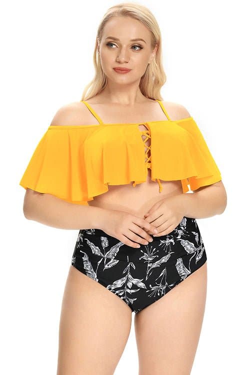 SHEKINI Plus Size Two Piece Swimsuits Off Shoulder Flounce Ruched Bikini