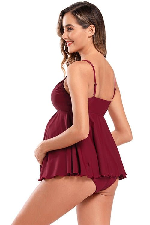 SHEKINI Ruched Tankini Solid Maternity Skirt Swimsuits
