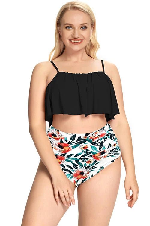 SHEKINI Ruffle High Waisted Ruched Plus Size Two Piece Swimsuits