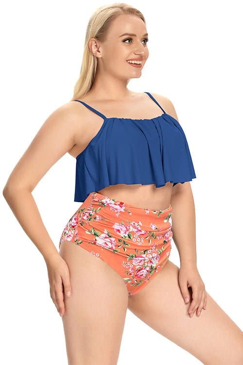 SHEKINI Ruffle High Waisted Ruched Plus Size Two Piece Swimsuits
