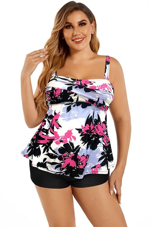 SHEKINI Twist Front Plus Size Tankini Floral Print Two Piece Swimsuit