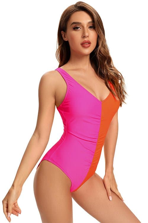 SHEKINI V-neck Ruched Color Block One Piece Swimsuit Backless Bikini