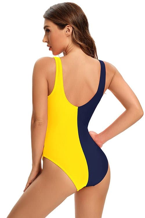 SHEKINI V-neck Ruched Color Block One Piece Swimsuit Backless Bikini