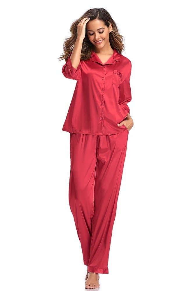 SHEKINI Women's Silk Satin Long Sleeve Pajamas SetPajamas