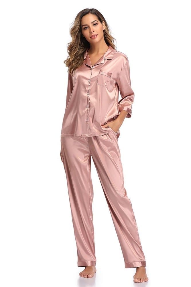 SHEKINI Women's Silk Satin Long Sleeve Pajamas SetPajamas